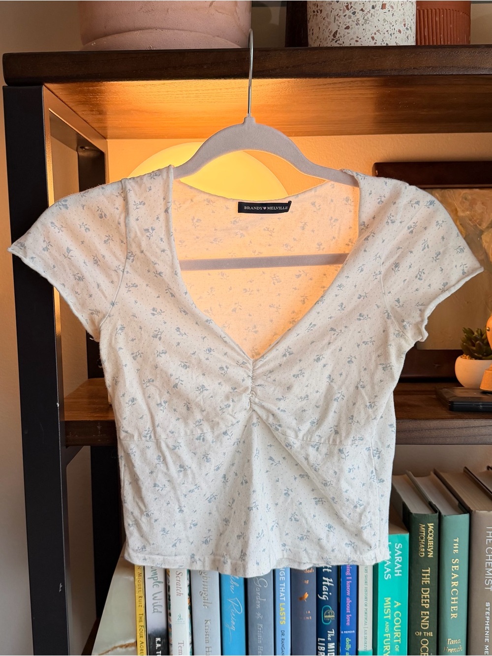 Brandy Melville White Baby Tee Crop Top with Light Blue Floral Print